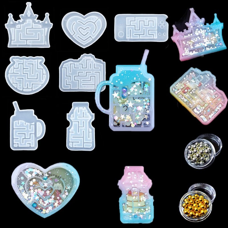 iSuperb 7 pcs Resin Shaker Molds Creative Maze Resin Molds Quicksand Silicone Drink Bottle Heart Shaped Casting with 60 Beads for Art Craft DIY (7 Molds+ 60 Beads) - Image 1